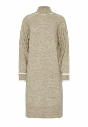 Beiges Strickkleid mit hohem Kragen, langen Ärmeln und weißen gestreiften Akzenten an den Bündchen. Weiche Textur und lockere Passform.