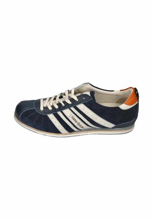 Navy blue and white casual sneaker with beige laces and orange accent on heel, low-profile sole, and side branding.