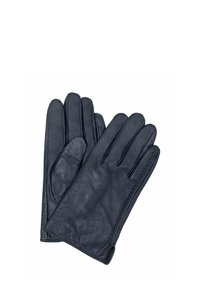 Czarne skórzane rękawiczki o gładkiej fakturze, z dopasowanym krojem, pięcioma palcami i widocznym przeszyciem wzdłuż brzegów.