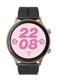 Orologio intelligente rotondo con cinturino nero e ghiera dorata. Il display mostra numeri rosa grandi "22:08" su uno sfondo rosa chiaro. Icone per il fitness visualizzate.