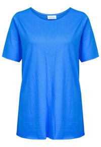 Bright blue short-sleeve t-shirt, round neckline, soft cotton material, loose fit, smooth texture, curved hem at bottom.