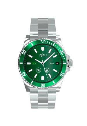 Orologio in acciaio inox con quadrante verde, indicatori delle ore argentati, display della data e lunetta verde. Presenta un bracciale in metallo e un indicatore di carica della batteria.