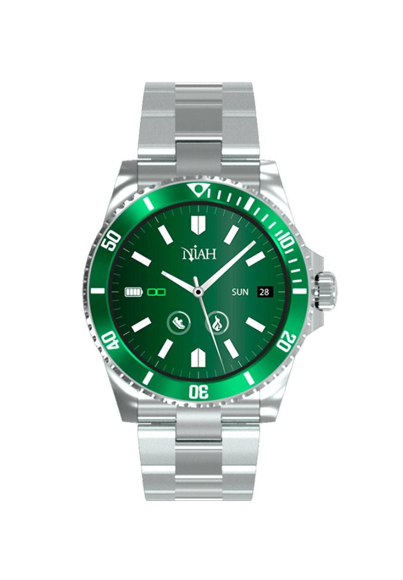 Montre en acier inoxydable avec un cadran vert, des index horaires en argent, un affichage de la date et une lunette verte. Elle dispose d'un bracelet en métal et d'un indicateur de batterie.