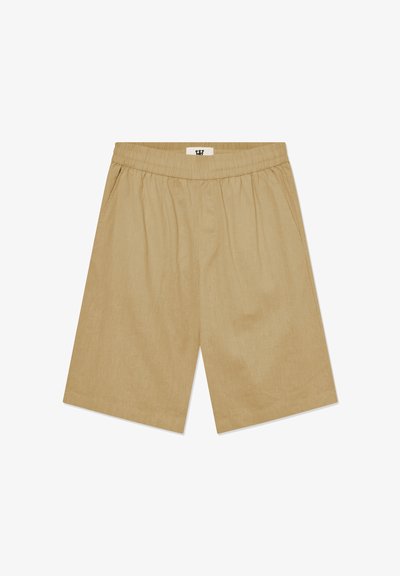 Short beige longueur genou avec taille élastique et poches latérales, posé à plat sur fond blanc.