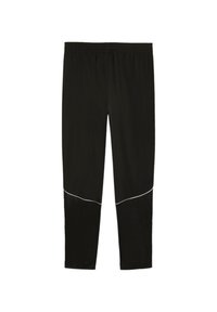 Zwarte sportleggingen met een gladde textuur, elastische tailleband en contrasterende witte stiksels langs de onderste naden.
