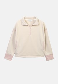 Fleece pulóver v krémovej farbe s ružovým golierom na štvrtinový zips, ružovými akcentmi na rukávoch a bočnými vreckami s jemnou textúrou.