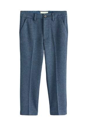 Pantalons texturés bleus avec un motif subtil, dotés de poches avant et d'une fermeture à bouton, fabriqués à partir d'un tissu tissé.