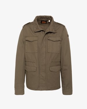 Veste militaire homme vert olive avec quatre poches à rabat, épaulettes et col montant avec boutons-pression.
