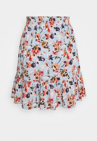 Ljusblå blommig kjol med orange, rosa och mörklila blommor, elastisk midja och volangkant.