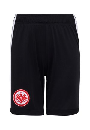 Czarne spodenki sportowe z białymi paskami po bokach i czerwono-białym godłem orła na dolnej lewej nodze.