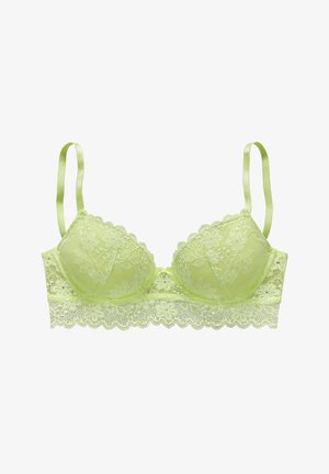 Limegrüner Spitzen-BH mit gepolsterten Cups, gewellten Kanten und verstellbaren Satinschulterriemen. Detailliertes florales Spitzenmuster im gesamten Design.