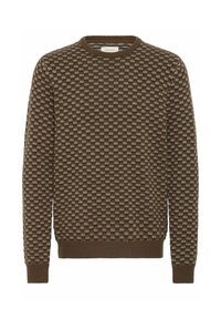 Braun gemusterter Pullover aus weichem Stoff, mit einem strukturierten geometrischen Design, gerippten Bündchen und einem klassischen Rundhalsausschnitt.