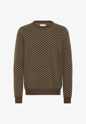 Brown patterned sweater made from soft fabric, featuring a textured geometric design, ribbed cuffs, and a classic crew neckline.