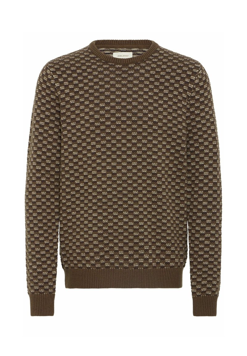 Braun gemusterter Pullover aus weichem Stoff, mit einem strukturierten geometrischen Design, gerippten Bündchen und einem klassischen Rundhalsausschnitt.