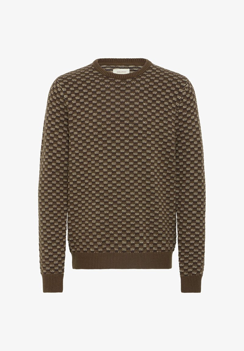 Braun gemusterter Pullover aus weichem Stoff, mit einem strukturierten geometrischen Design, gerippten Bündchen und einem klassischen Rundhalsausschnitt.