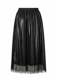 Schwarzer Midirock aus schimmerndem Stoff mit einem plissierten Design. Verfügt über einen elastischen Bund und ein transparentes Tüllfutter am Saum.
