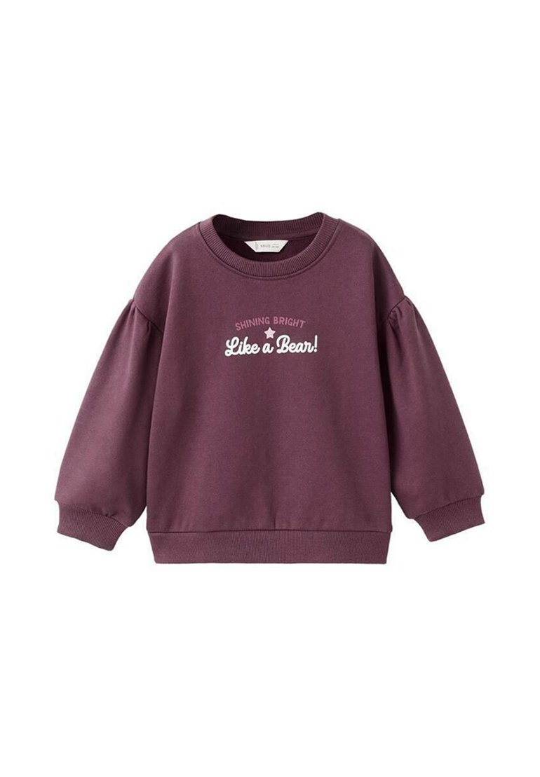 Purple sweatshirt with a round neckline and puffed sleeves. Features white text that reads "Shining Bright Like a Bear!" in the center.