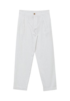 Pantaloni in lino bianco con una vestibilità comoda, caratterizzati da due pieghe frontali e una chiusura a bottone singolo in vita. Orli con risvolto.