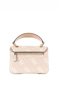 Borsa beige con motivo logo bianco, caratterizzata da una finitura testurizzata, manico superiore e tasca con zip. Accenti in oro.