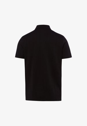 Einfarbiges schwarzes Polohemd mit kurzen Ärmeln, Rückansicht, mit geripptem Kragen und geradem Saum.