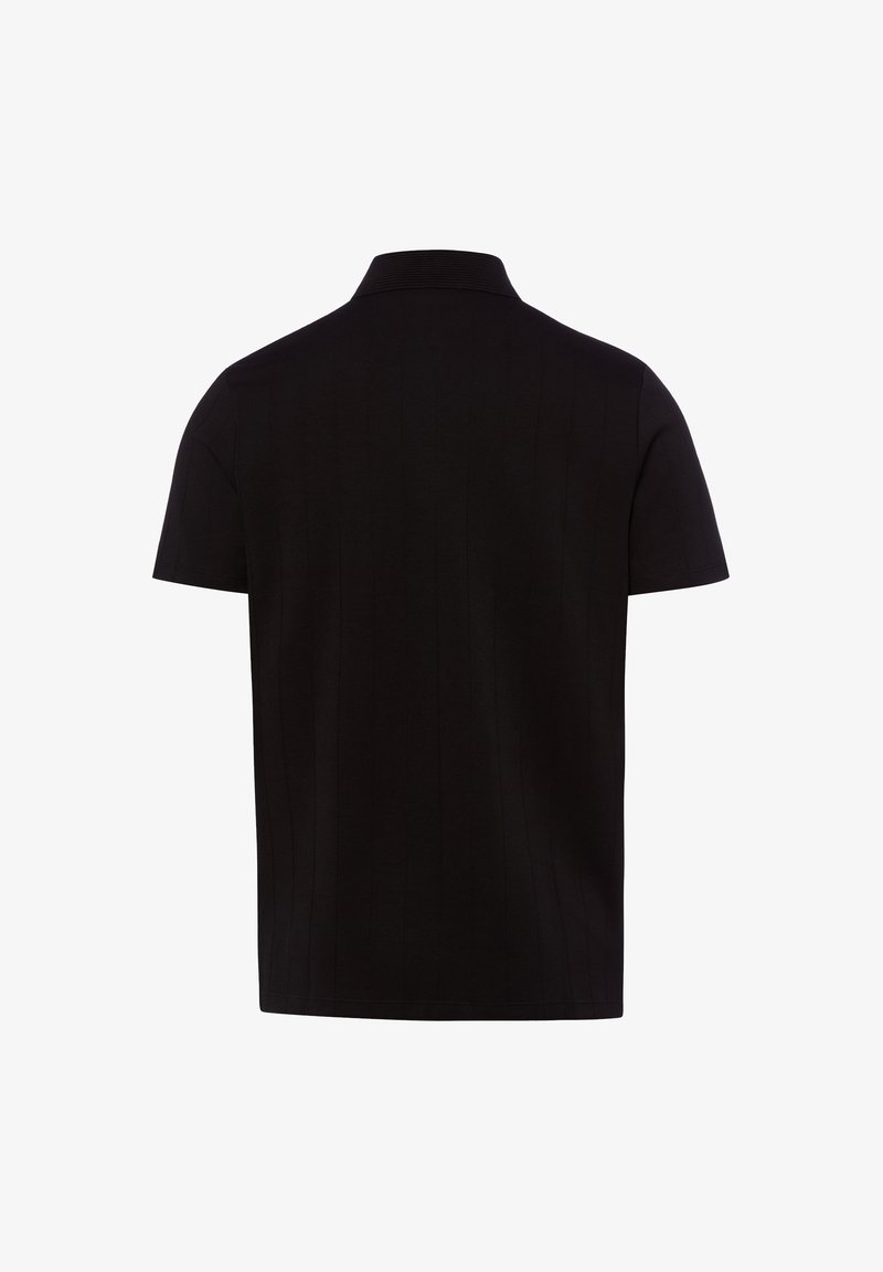 Einfarbiges schwarzes Polohemd mit kurzen Ärmeln, Rückansicht, mit geripptem Kragen und geradem Saum.