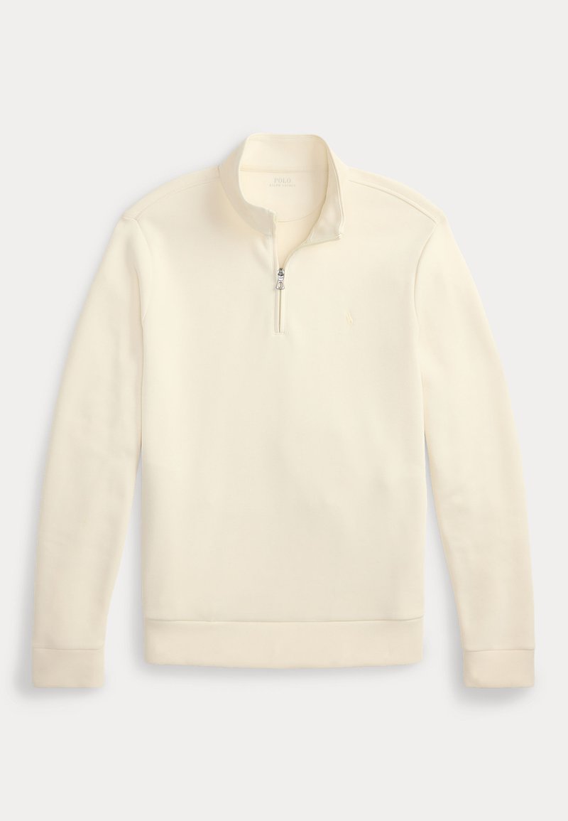 Cream-colored long-sleeve pullover with quarter-zip collar and subtle logo on the left chest, displayed on a plain white background.