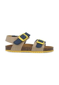 Sandalias beiges con correas azules y hebillas amarillas. Plantilla de corcho con una suela marrón texturizada. Diseño abierto con correas ajustables.