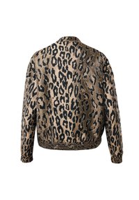 Bunda bomber s leopardím potiskem vyrobená z měkké, strukturální tkaniny s elastickými manžetami a pasem. Má béžovou a černou barevnou kombinaci.