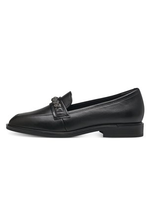 Black leather loafer with a rounded toe, decorative front hardware, and a low block heel. Smooth texture and minimal stitching detail.