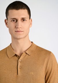 Polo shirt in maglia marrone con colletto, tre bottoni e un logo ricamato in modo discreto sul lato sinistro. Texture liscia, design semplice.