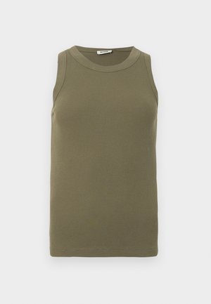 Haut sans manches vert olive en tissu côtelé, avec un col rond et une silhouette ajustée aux bords nets.