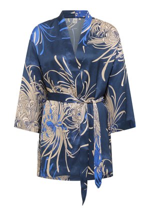Navy satin kimono-style robe with floral patterns in beige and blue. Features a tie belt and wide sleeves for a relaxed fit.