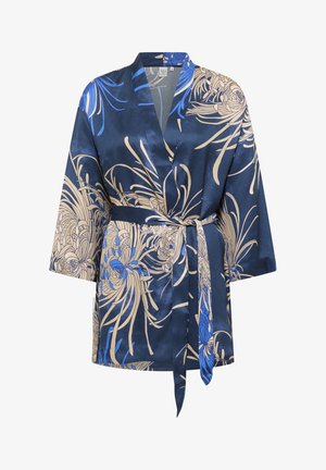 Navy satijnen kimono-stijl jurk met bloemenpatronen in beige en blauw. Heeft een strikceintuur en brede mouwen voor een comfortabele pasvorm.