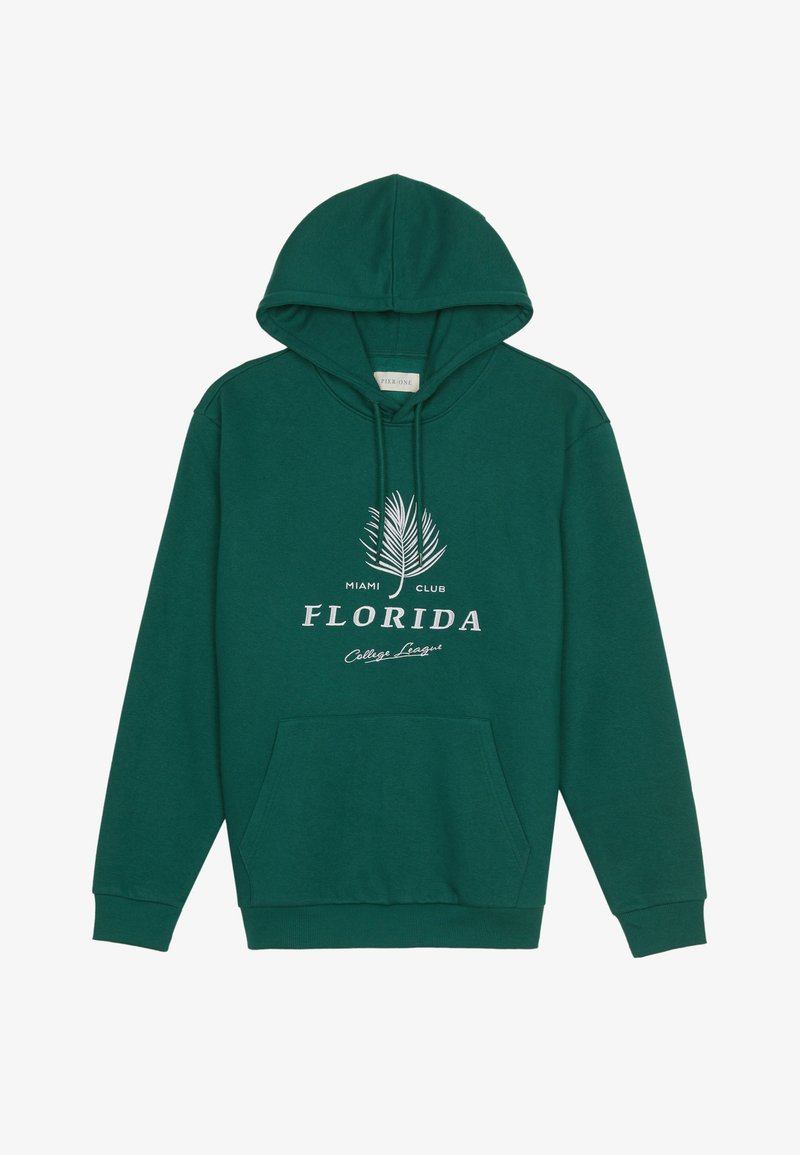 Grøn hættetrøje med forlomme, snøre i hætten og hvidt tryk med et palmebladsmotiv samt "Florida College League"-logo.