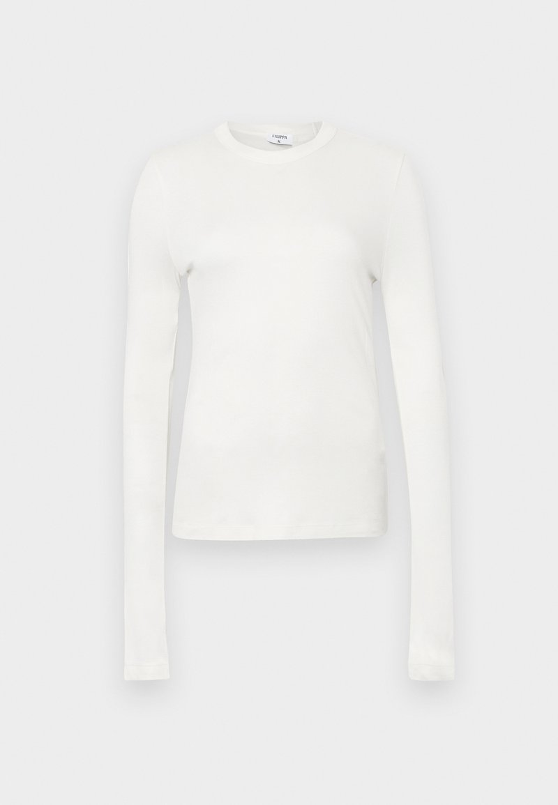 White long-sleeve t-shirt made of soft cotton. Features a round neckline, fitted silhouette, and smooth texture. No patterns or accents.