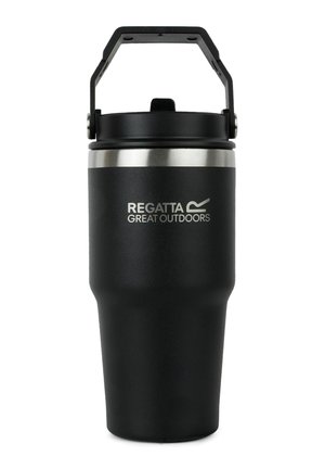 Borraccia da viaggio nera isolata con bordo argentato e manico a cerniera, con l'etichetta "Regatta Great Outdoors" sul davanti.