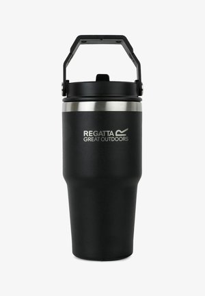 Black insulated travel mug with silver rim and hinged handle, labeled "Regatta Great Outdoors" on the front.