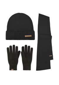Black knit beanie with a ribbed cuff, matching black gloves, and a black scarf with a smooth texture and small label accents.