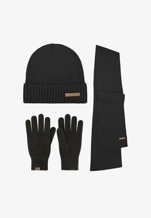 Black knit beanie with a ribbed cuff, matching black gloves, and a black scarf with a smooth texture and small label accents.