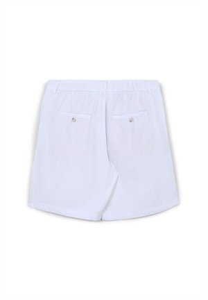 Weiße Baumwollshorts mit lockerem Schnitt. Verfügen über einen elastischen Bund und zwei Gesäßtaschen mit stoffbezogenen Knöpfen.