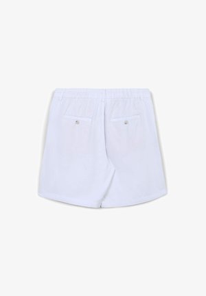 Weiße Baumwollshorts mit lockerem Schnitt. Verfügen über einen elastischen Bund und zwei Gesäßtaschen mit stoffbezogenen Knöpfen.