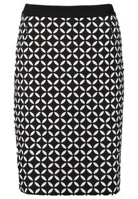 Black pencil skirt with a white circular pattern. Made from textured fabric, it features a solid black waistband and fitted silhouette.