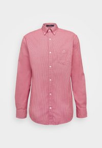 Rood gestreept shirt met lange mouwen en een button-down kraag, voorzien van een zak en een subtiel logo op de borst. Gemaakt van katoen.