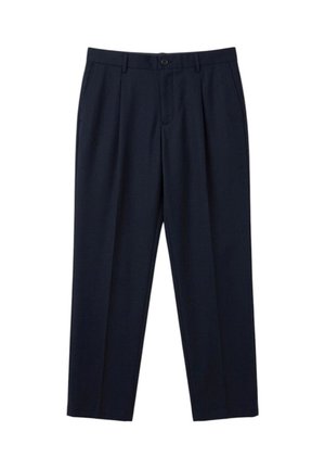 Pantaloni da uomo blu navy scuro su misura con passanti per cintura, chiusura frontale con bottoni e tasche laterali, mostrati distesi su sfondo bianco.