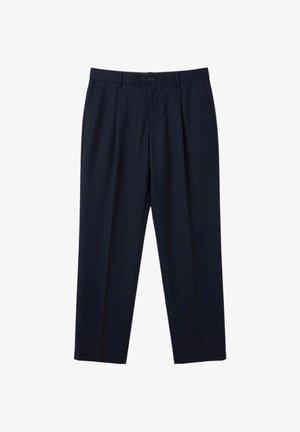 Pantaloni da uomo blu navy scuro su misura con passanti per cintura, chiusura frontale con bottoni e tasche laterali, mostrati distesi su sfondo bianco.