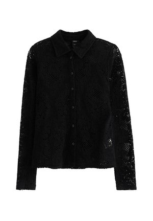 Camicia nera in pizzo con maniche lunghe, colletto, bottoni frontali e intricati motivi floreali su tutta la stoffa.