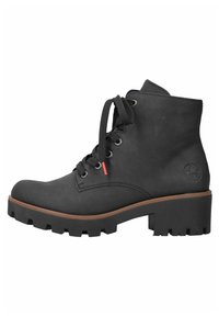 Bottine en cuir noir à bout rond et lacets, dotée d'une semelle en caoutchouc épaisse et d'un détail de logo subtil sur le côté extérieur.