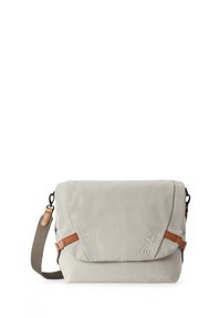Borsa a tracolla grigia chiara realizzata in tessuto resistente, con patta ribaltabile, dettagli in pelle e tracolla regolabile.