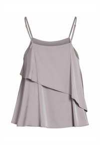 Top sin mangas de color gris claro con diseño en capas, tejido suave, tirantes ajustables y dobladillo acampanado para una silueta fluida.