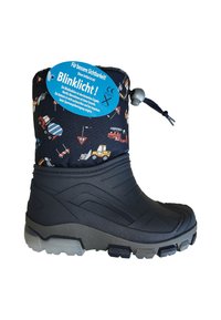 Weerbestendige zwarte laars met een gevoerde, met patroon beklede schacht met bouwvoertuigen. Voorzien van een reflecterende label en een trekkoordsluiting.